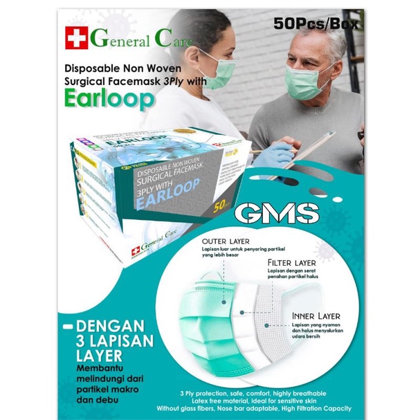 Masker 3 Ply Karet / Earloop General Care Per Box isi 50 Pcs