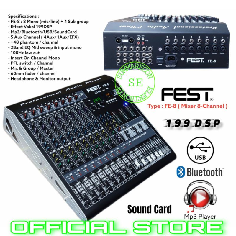 mixer audio 8 channel original fest fe 8 usb bluetooth recording soundcard