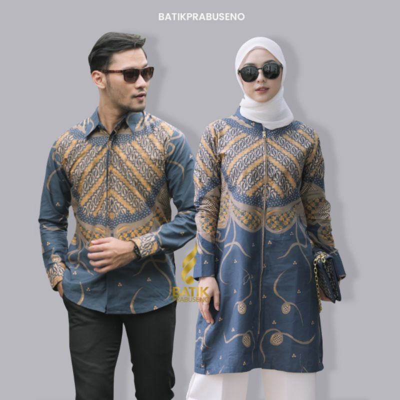 Ulfa Lutfi Navy Sarimbit Couple Batik Prabuseno Ori Seragam Kantor Keluarga Guru Batik Katun Printin