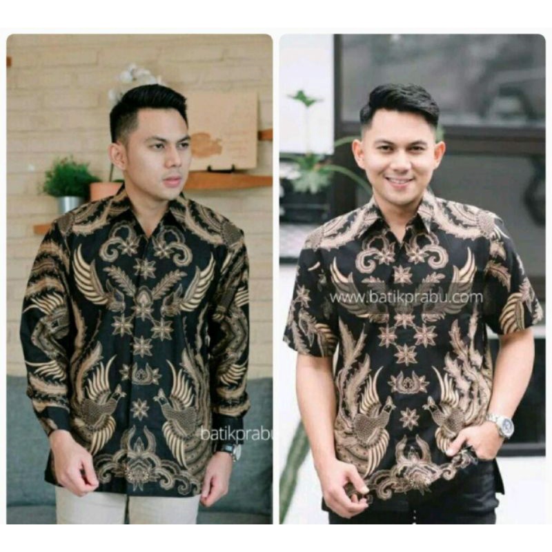 Batik kemeja pria lengan pendek &amp; panjang bahan katun baturaden reguler kembar hitam