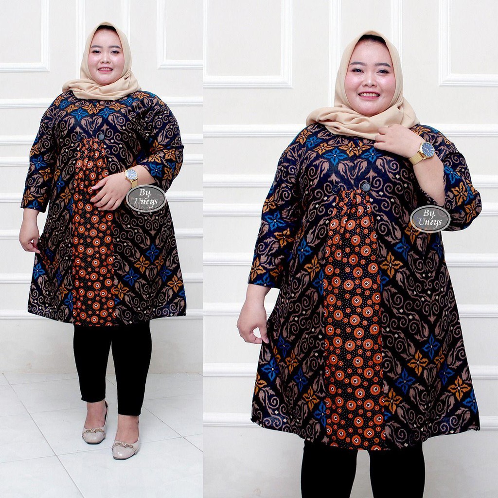 Tunik Batik Wanita Ukuran Jumbo LD 140cm Resleting Belakang Bahan Katun Adem Di Pakai Serap Keingat