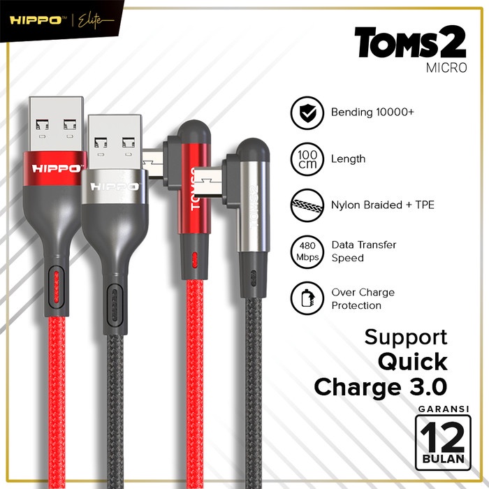 Hippo Kabel Data Gaming Mobile Toms2 USB to Micro Fast Charging 2.4 A Cable Micro USB Data Colokan L 90 Derajat Charge Android