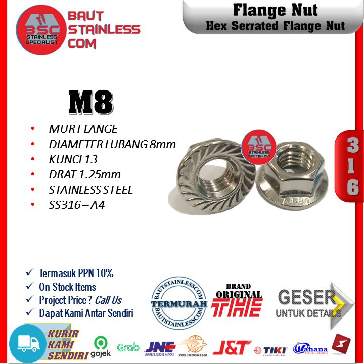 FLANGE NUT STAINLESS STEEL SS316 A4 - MUR FLANGE M8