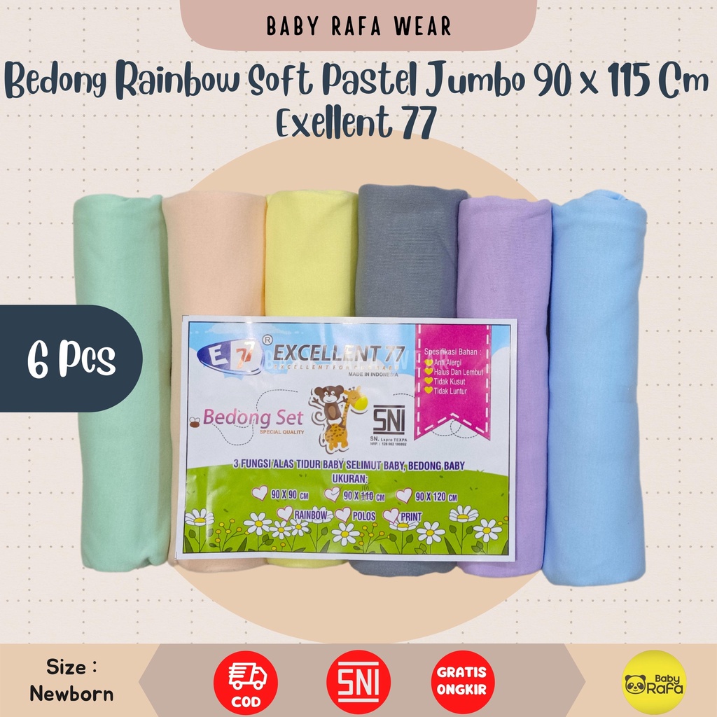 Bedong Rainbow Soft Pastel Jumbo 110 x 90 cm isi 6 Pcs Merk BABYRAFA