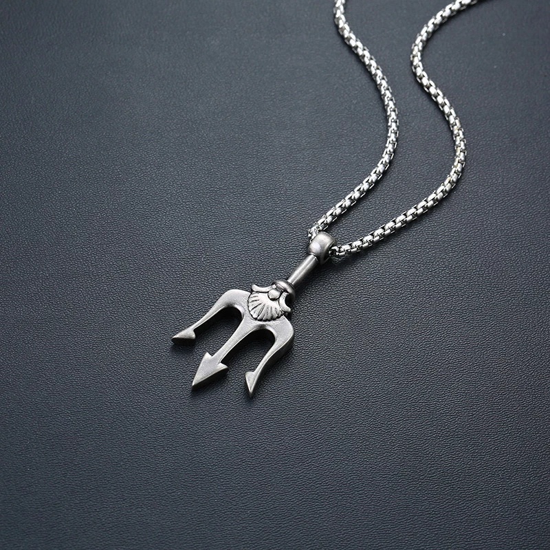 Kalung Rantai Klavikula Liontin Trident Bahan Stainless Steel Metal Gaya Punk Hip-Hop Untuk Pria