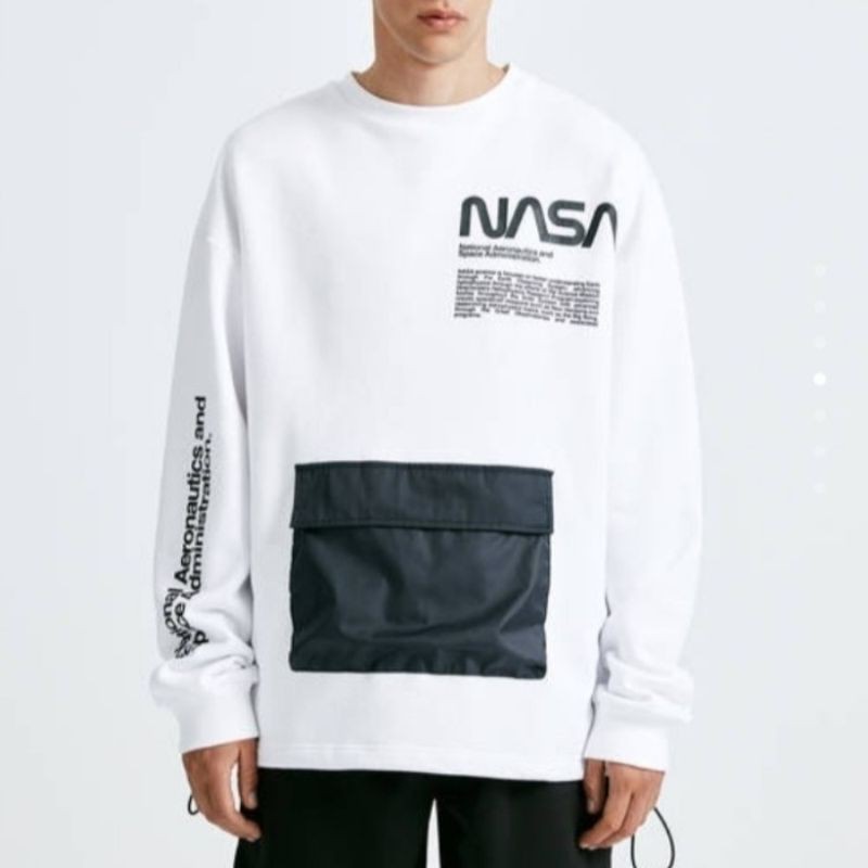jaket sweater distro NASA crewneck pocket kantong polos putih