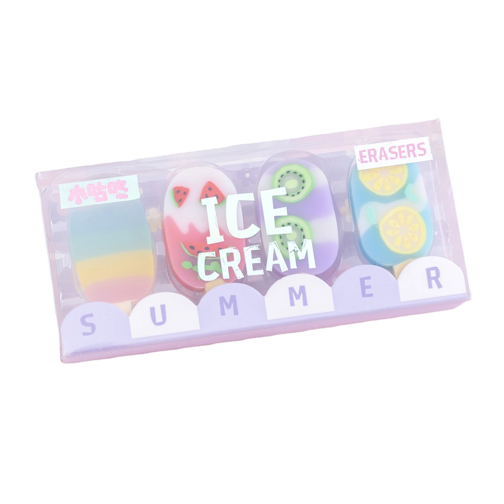 4pcs / set Penghapus Karet Bentuk Es Krim Kawaii Untuk Anak / Pelajar