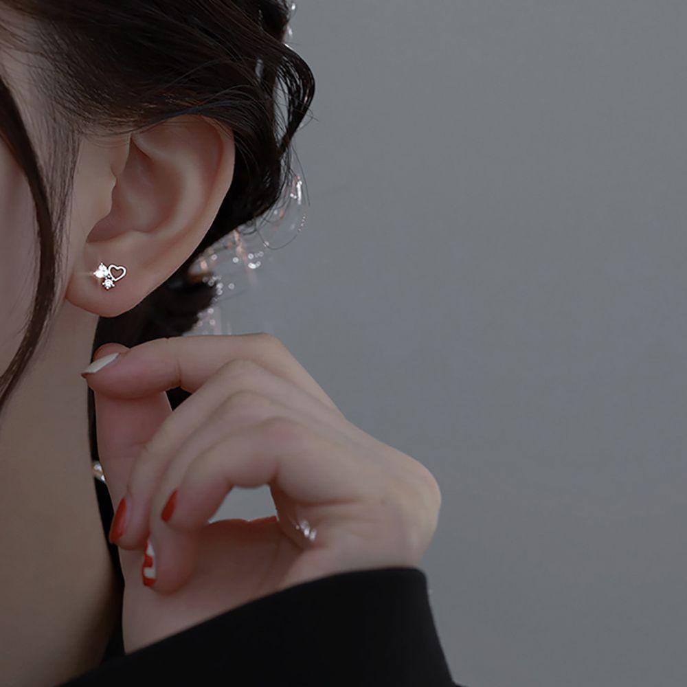 NEEDWAY Cinta Hati Stud Earrings Geometris Halus Fashion Perempuan Gadis Zirkon Asimetris Menjuntai Earrings