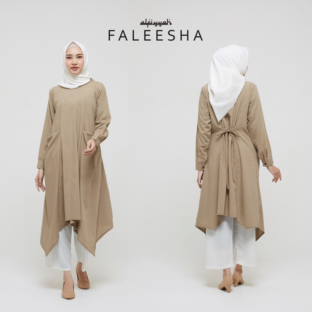 Tunik Panjang di bawah Lutut Polos Saku - Faleesha Tunic