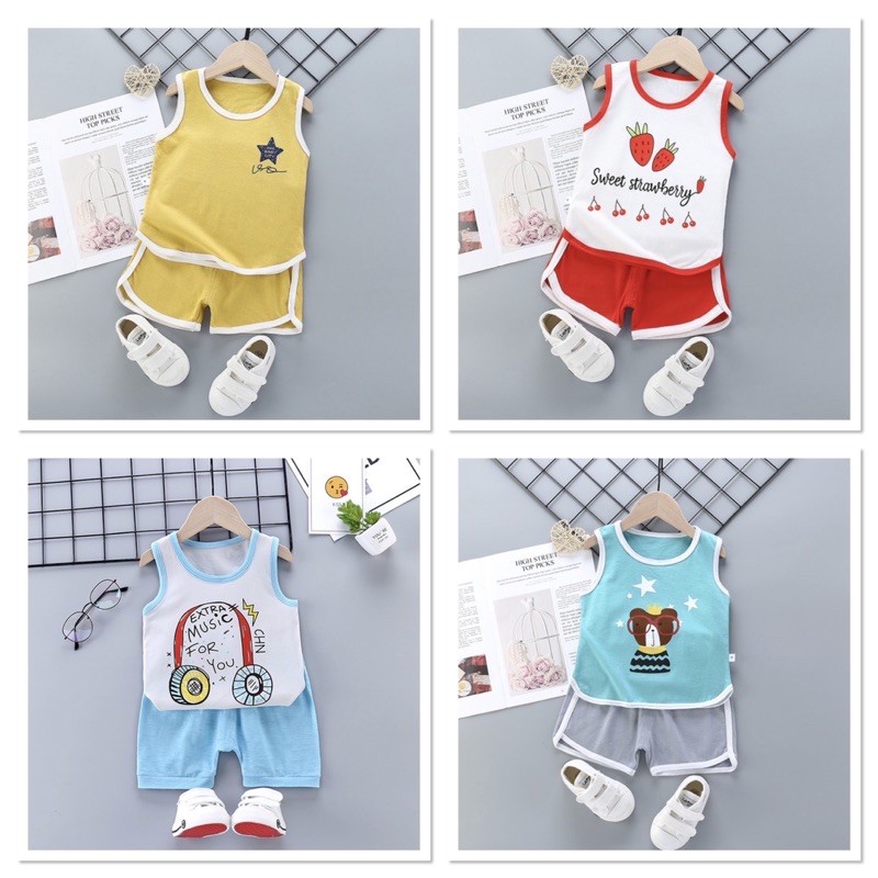 Setelan Oblong Kutung Celana Pendek Baju Anak Import 6m-4th Bahan Katun Adem