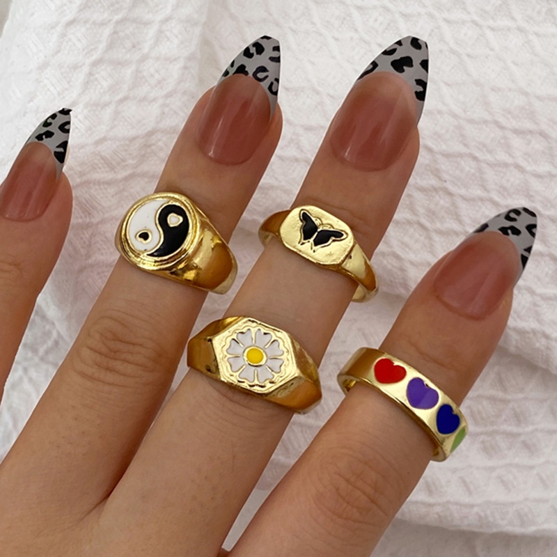 AY(CN) Korean Colorful Resin Ring Set Oil Dripping Rings Flower Heart Tai Chi Beads Ring Finger Ring Women Jewelry Accessories