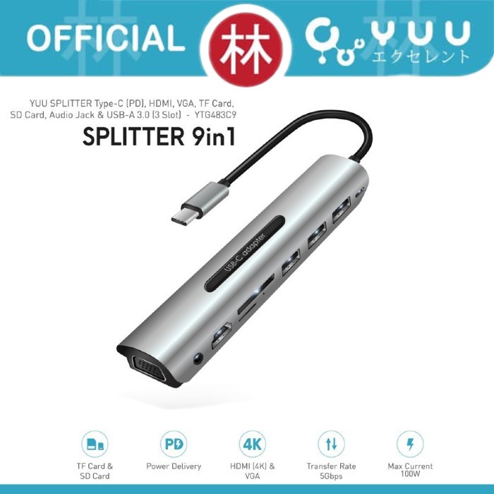 Yuu YTG483C9 Splitter 9in1 Type-C, HDMI, VGA, TF/SD Card, AUX &amp; USB-A