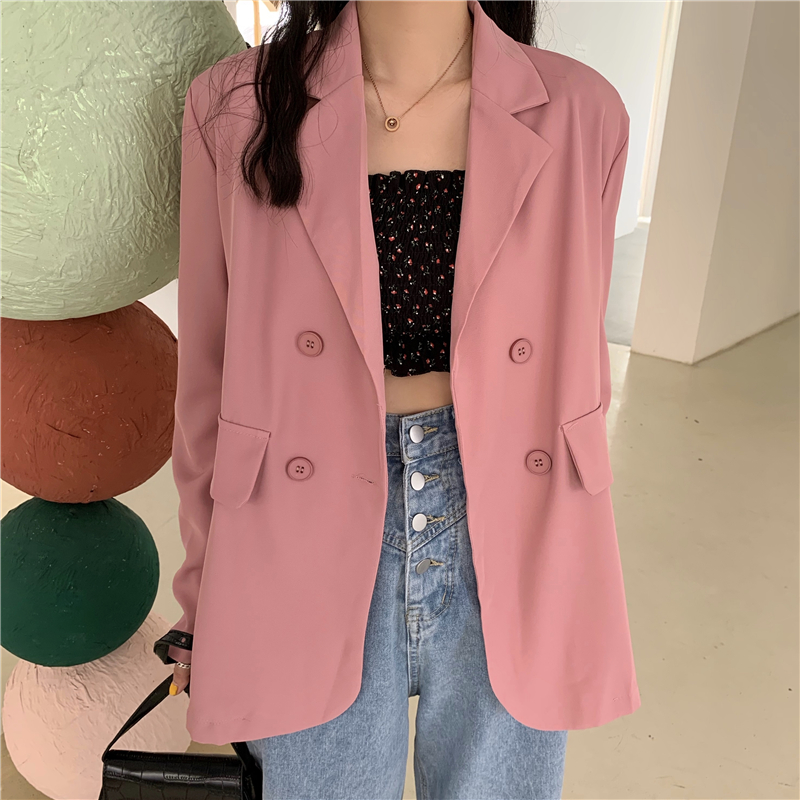 Blazer Kasual Lengan Panjang Model Longgar Warna Solid Gaya Korea Untuk Wanita