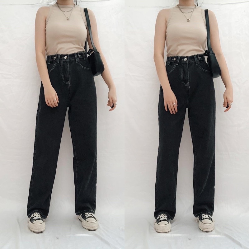 CLOTHIER - Casey Adjustable Jeans | Black Washed Cream Beige Straight Denim