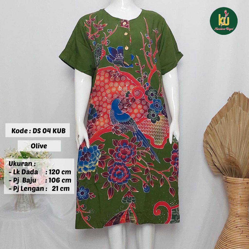 COD DS04 KUB | Daster Batik Kencana Ungu Asli Label Biru Uk. Jumbo LD 120 cm | Baju Santai Tidur Wanita Dewasa Kancing Depan Busui Friendly Motif Terbaru-Olive I