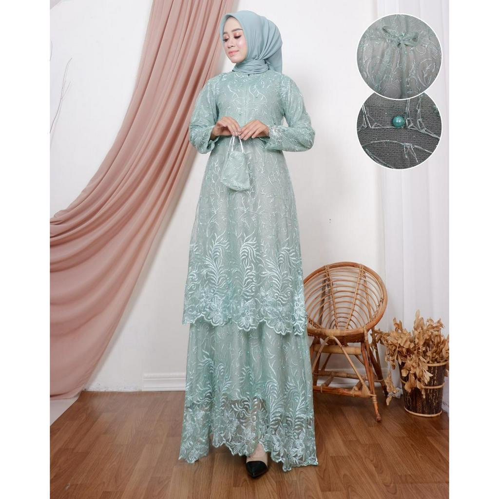 D1 Gamis tingkat wanita dress muslim brukat tile mutiara fashion muslimah mewah