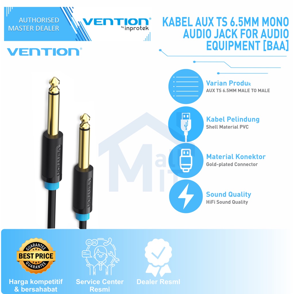 ( Bisa COD ) Vention Kabel Audio Aux 6.5mm TS Male to 6.5mm Male High Quality BAA