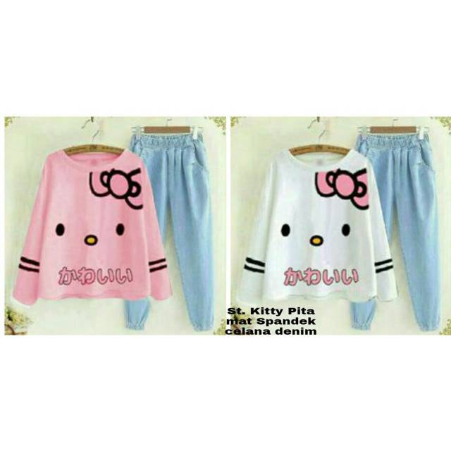 

MS SET DENIM KITTY PITA Stelan 2in1 wanita