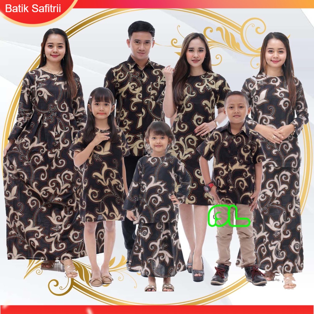 Couple Keluarga - Batik Keluarga - Ibu Bapak Anak - Motif Tanaman Kangkung Hitam - Dress Tunik Blus 