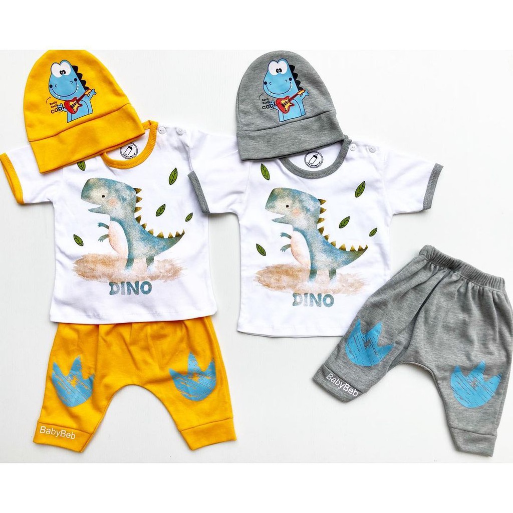 WATERCOLOR DINO Baju Setelan Kaos Celana Pergi Jalan Topi Lucu Fashion Anak Bayi Cowok Laki Terlaris