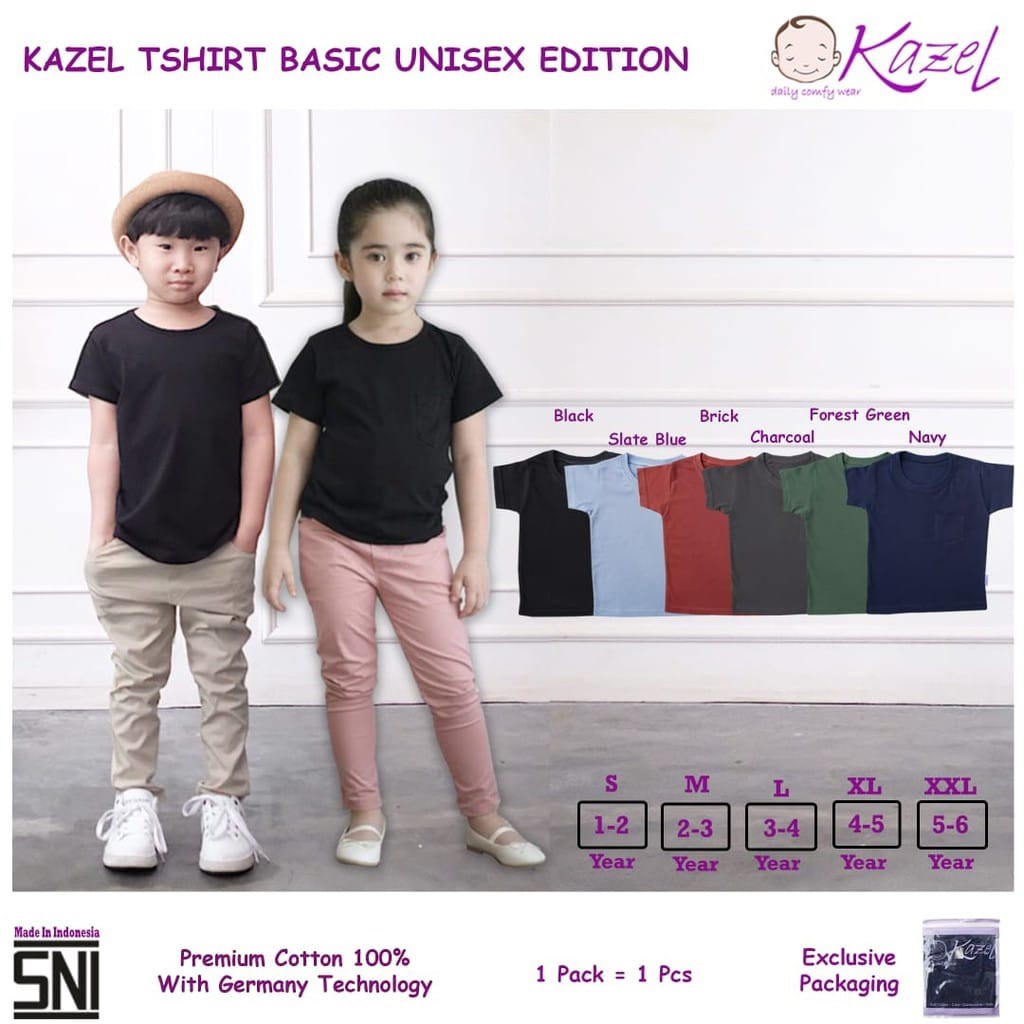 Kazel T Shirt Basic Pocket tee Unisex Edition 1-6 Tahun Kaos Anak