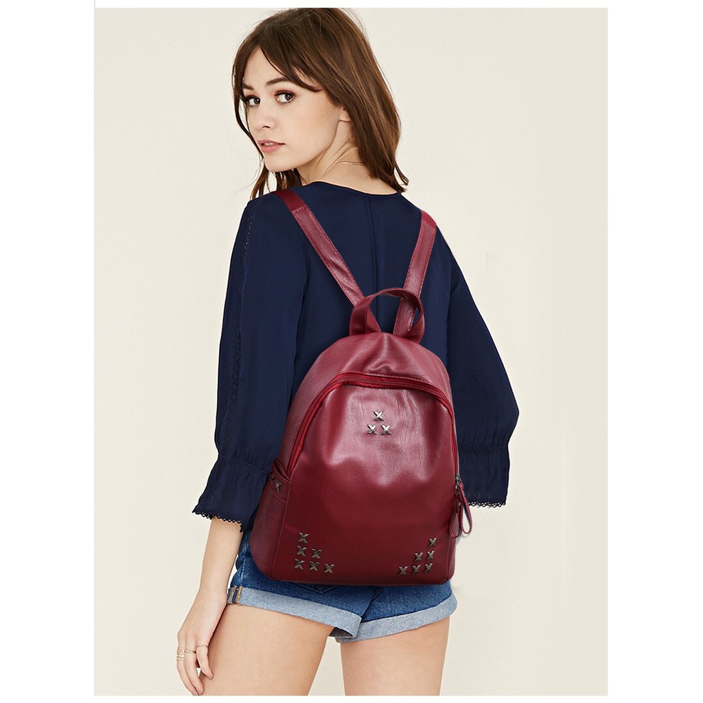 Mores Shop Tas Ransel Wanita Import Merah Lindsay Fashion Stud Backpack Pu Kulit Simpel