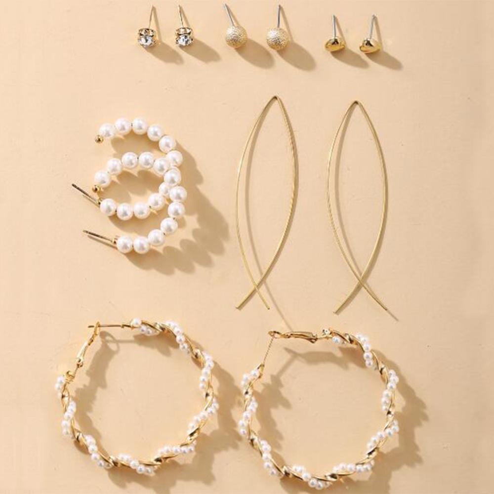 Timekey 6pcs / Set Anting Bulat Emas Wanita Hias Mutiara Gaya Vintage A2K5