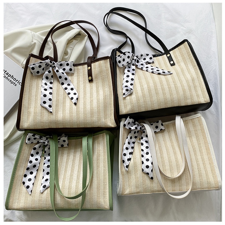 Drozenb Tas Tote Wanita Bahan Anyam Jerami Model Korea/Totebag Fashion Korea Bahan Anyaman Motif Garis/Tas Anyaman Korea Motif Garis/Tas Pantai Korea