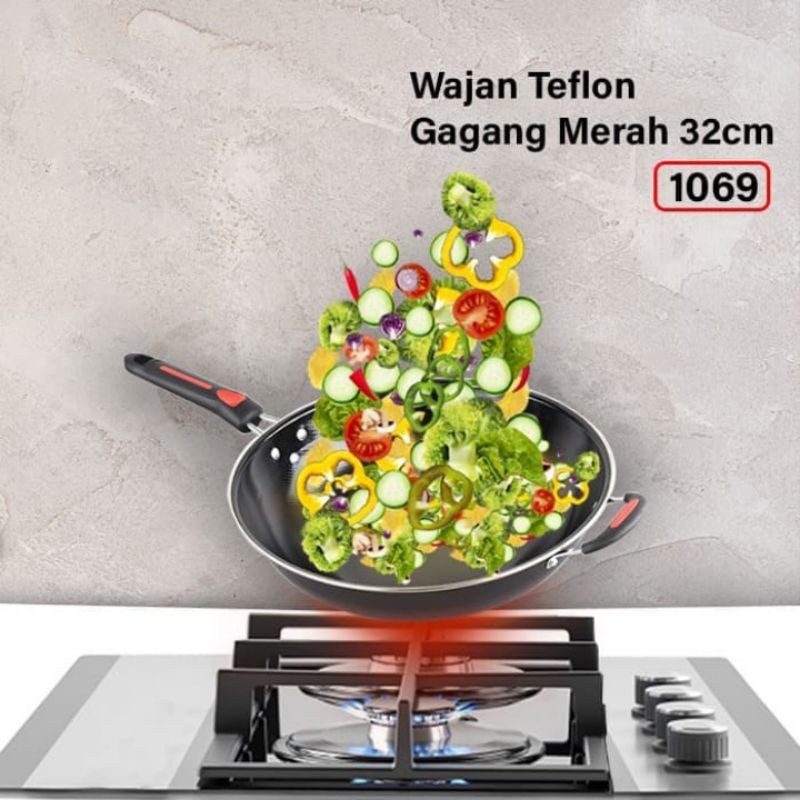 SERAMO Wajan Teflon Gagang Merah 32cm 1069-Wajan Penggorengan Teflon 32cm