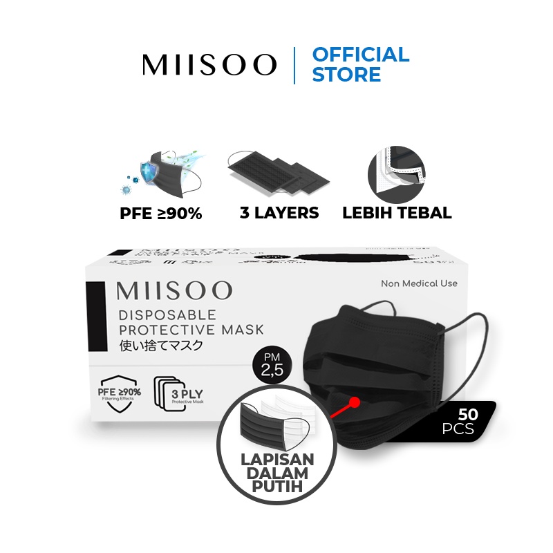 MIISOO Disposable Masker Hitam Black Edition 50pcs Masker Kesehatan 3ply Earloop IZIN RESMI BNPB