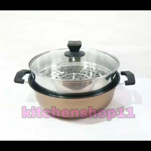 PROMO Panci kukus susun 2 tutup kaca warna  / panci serbaguna / dandang steamer 2in1 / panci kukus 28cm warna gold merah