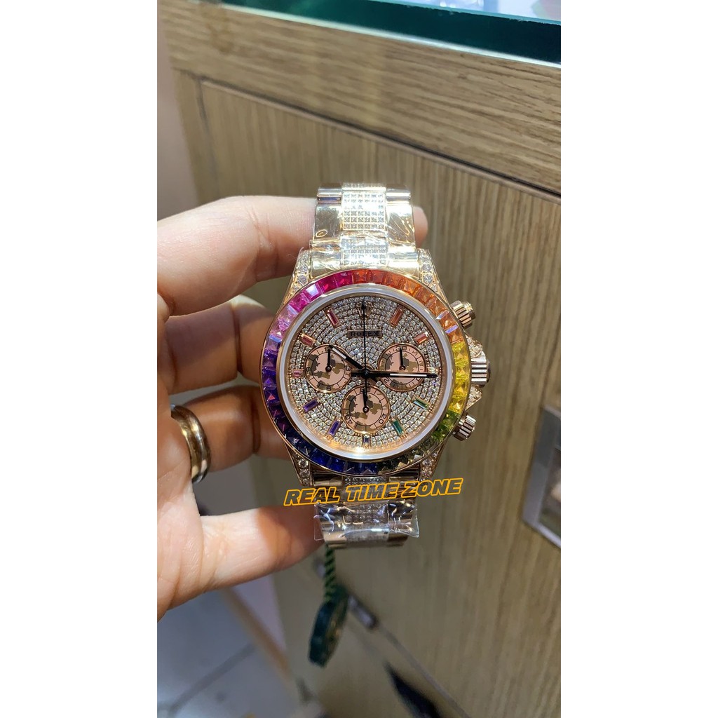JAM REAL ROLEX DAYTONA FULL DIAMOND RAINBOW ROSEGOLD SWISS ETA CLONE 904L FACTORY 3285 MACHINE MATIC