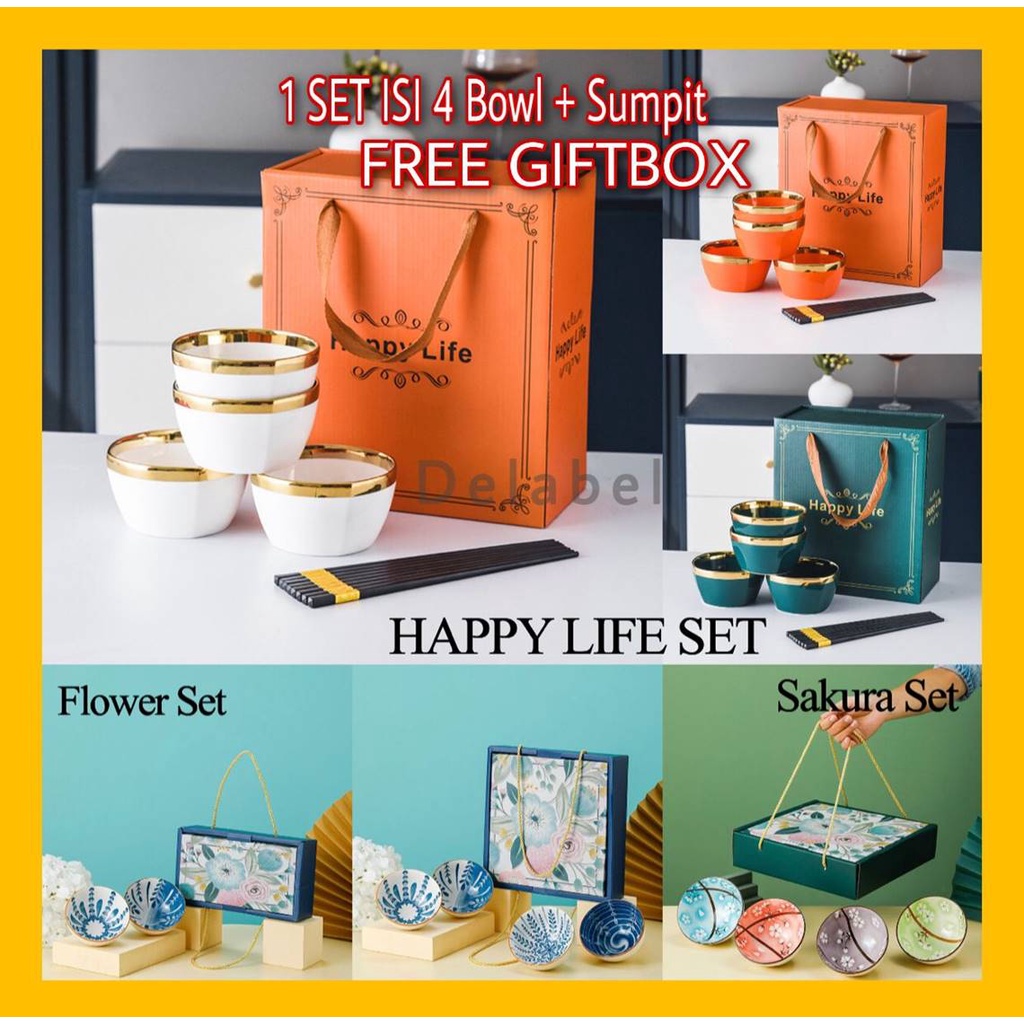 MANGKOK JEPANG SET 4 PCS GIFTBOX BAHAN KERAMIK U/ HAMPERS LEBARAN / KADO / HADIAH