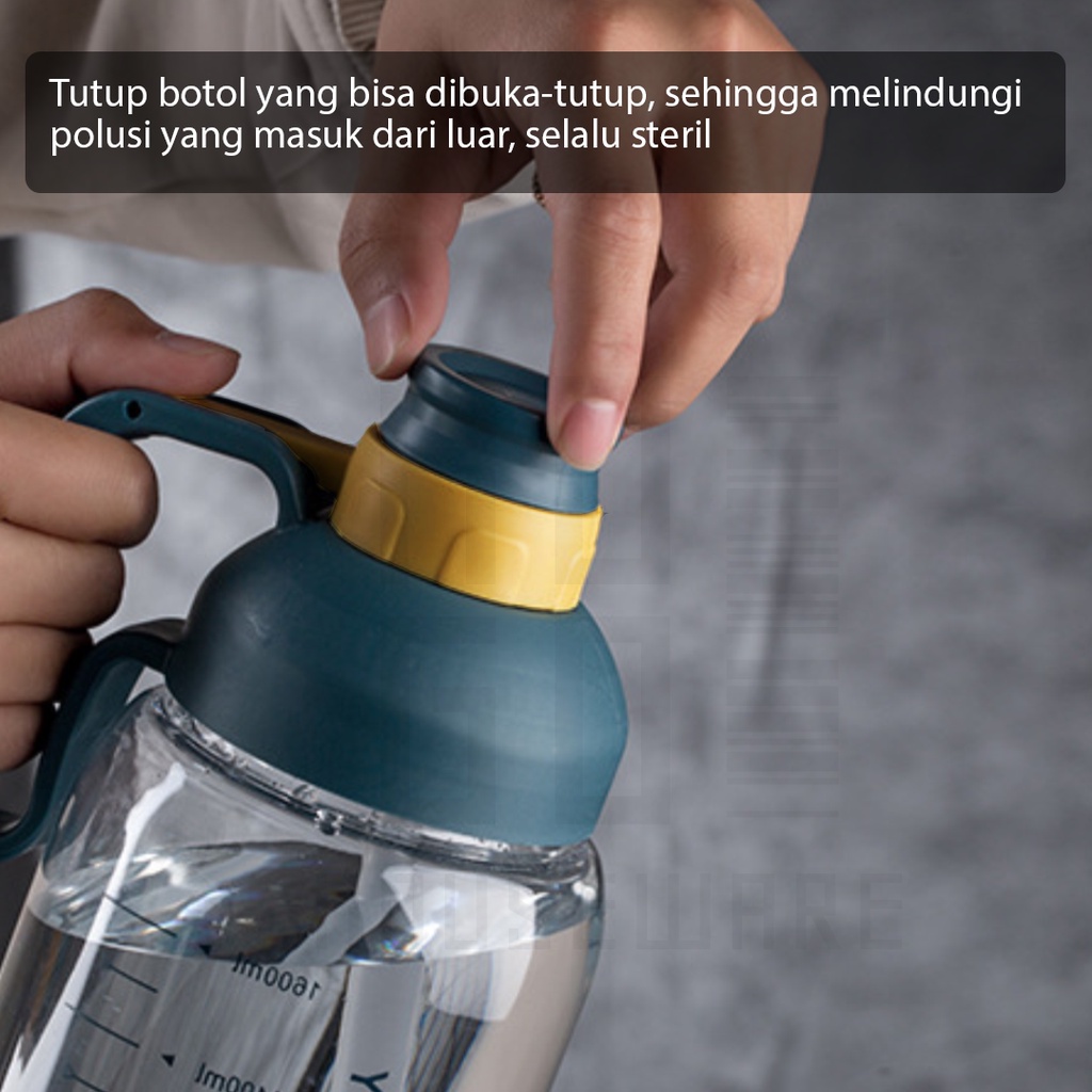 HUGO Botol Minum Bening Besar Jumbo 1800 ml Anti Bocor dengan Handle dan Sedotan Premium Quality