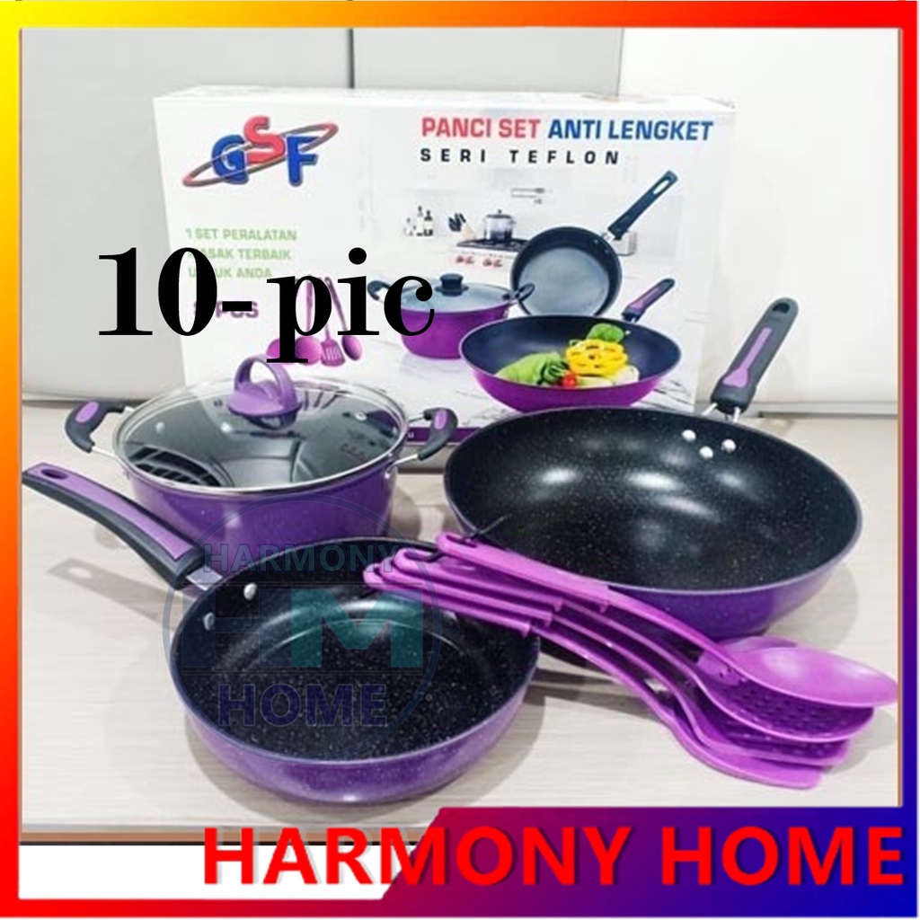 Panci Set 10-pic Teflon Anti Lengket GSF 2529 2629 Panci Wajan Penggorengan Teflon Cookware set Tutup Kaca