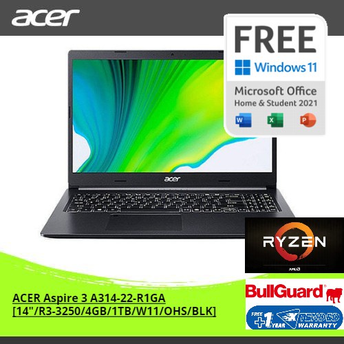 ACER Aspire 3 Slim A314-22-R1GA [14"HD/AMD Ryzen3-3250U/4GB/HDD 1TB/Windows 11+OHS/BLACK]