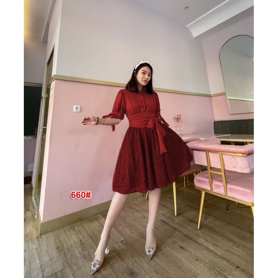 Dress Natal 660 # / Fashion Baju Pesta Wanita / Midi Dress Brukat MIX Moscrepe PREMIUM