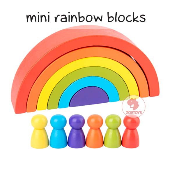 Zoetoys Montessori Mini Rainbow Blocks | Mainan Wooden Building Stacking with Pegdoll  Toy | Board Stack Balok Kayu Susun Pelangi Edukasi