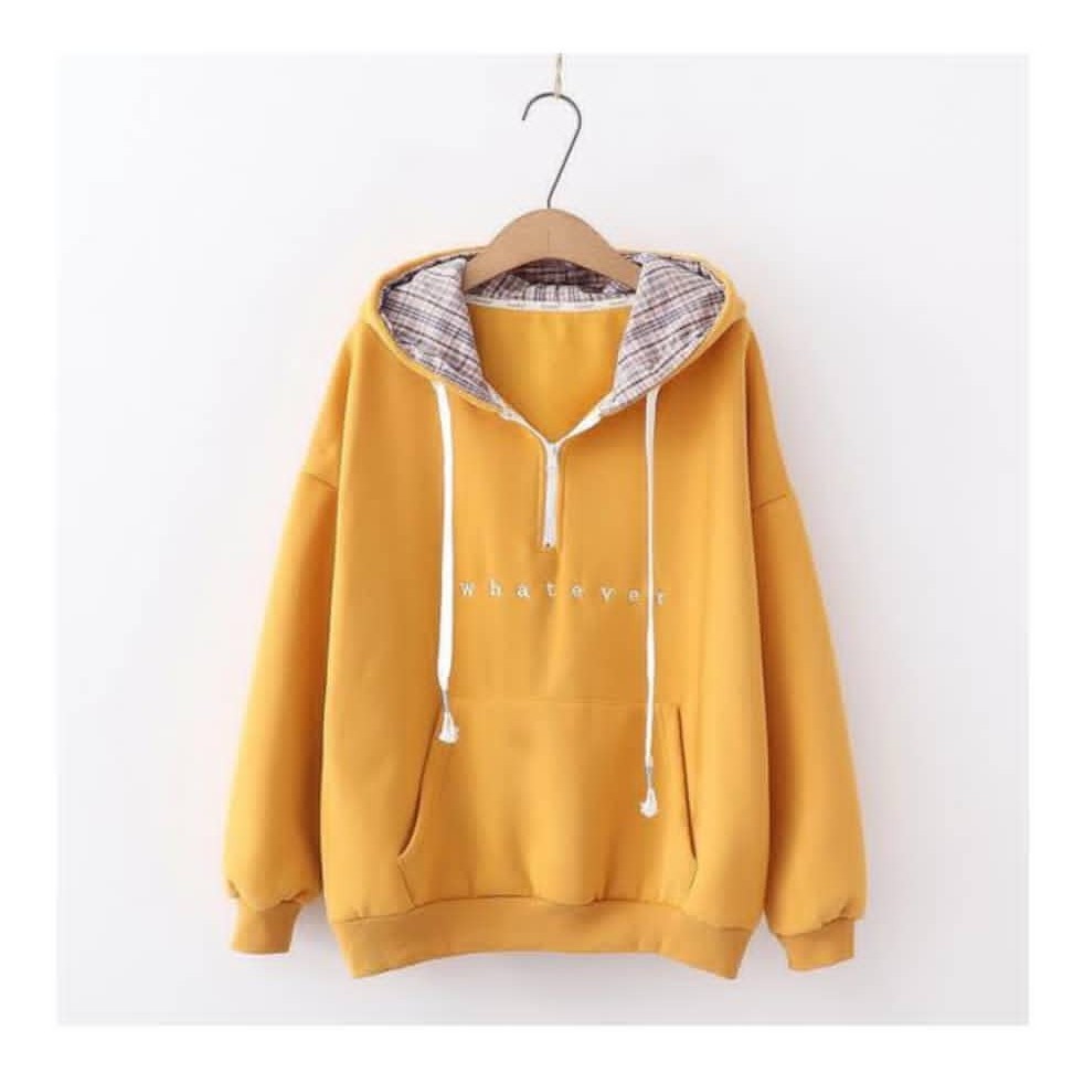 HOODIE WANITA . WHATEVER HOODIE . SWEATER WANITA . SWEATER MURAH . HIJAB OUTFIT . KOREAN STYLE-mustard