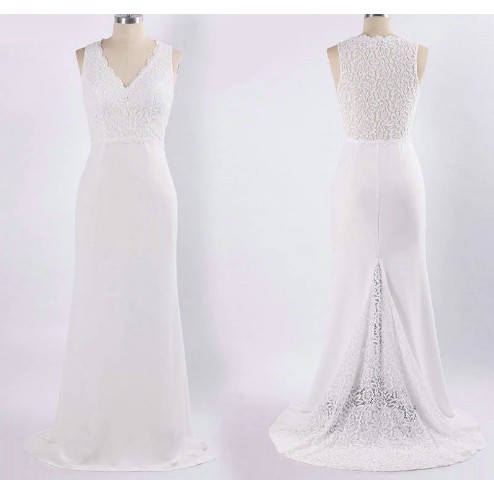 Gaun pengantin Elegant V Neck tanpa lengan/gaun pesta putih