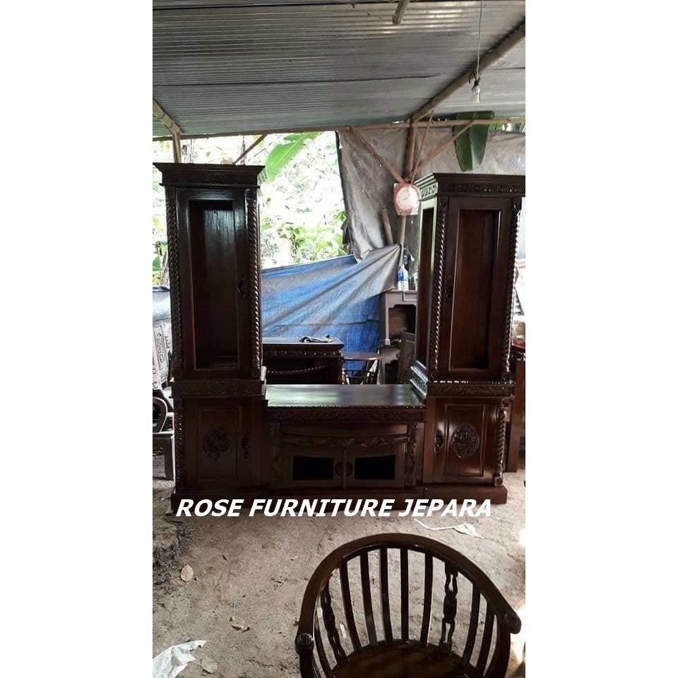 lemari tv hias untir kayu jati, lemari pajangan tv mebel jepara