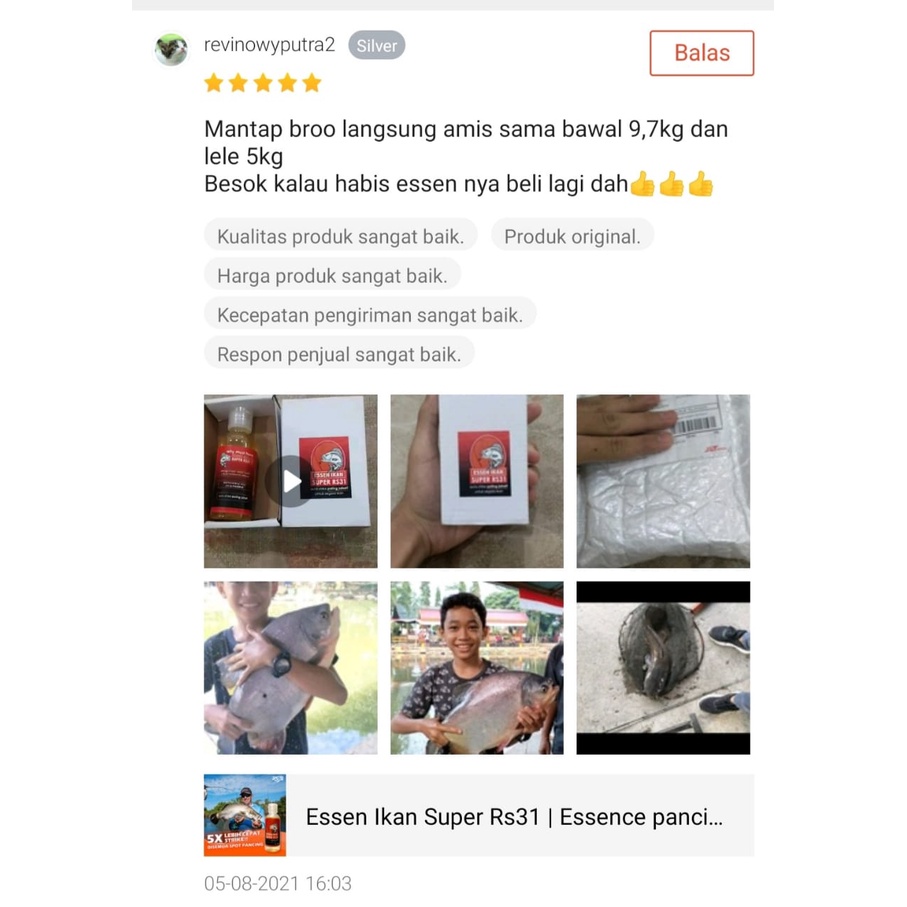 Essen Ikan Super RS31 Ampuh 65 ml- Essence Untuk Segala di Laut, Tambak, Sungai dan Berbagai Event Galatama, Galapung, Super Ampuh Banget dan Gacor Untuk Ikan Mas, Lele, Tombro, Bawal, Kakap, Gurame, Belut, Sidat, Bandeng, Nila, Mujair, Belanak, Baramundi