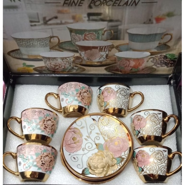 Cangkir Teh Keramik Motif Bunga Gold Set 12pc