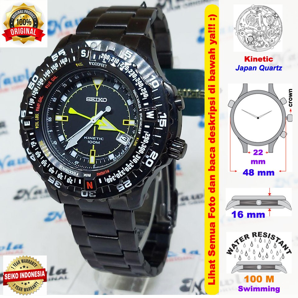 Seiko Kinetic SKA425P2 Pilots Black Bracelet - Jam Tangan Pria SKA425