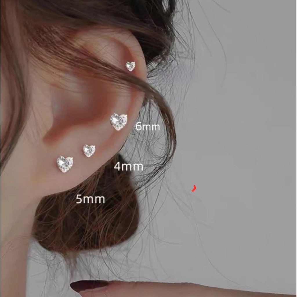 Anting Tusuk Stenless Bentuk Love Zirkon Artifisial Bentuk Hati Warna Stell Gold dan Silver 0,4cm, 0,5cm, 0,6cm, dan 0,8cm