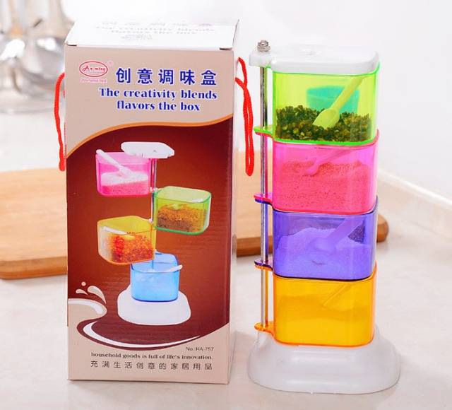 Tempat bumbu putar 4 in 1 transparan warna warni + packing tambahan dus dapur cheff unik renai murah