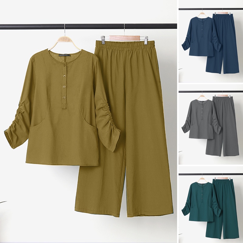 ZANZEA Women 3/4 Sleeved Plus Size Cotton Suits Muslim Crew Neck Sets