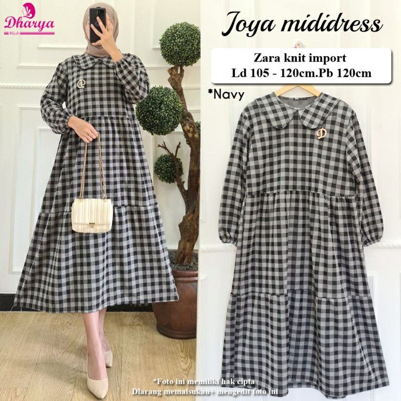 Midi dress wanita kaos zaara kotak kotak JOYA MIDI DRESS by Fashion hijab solo
