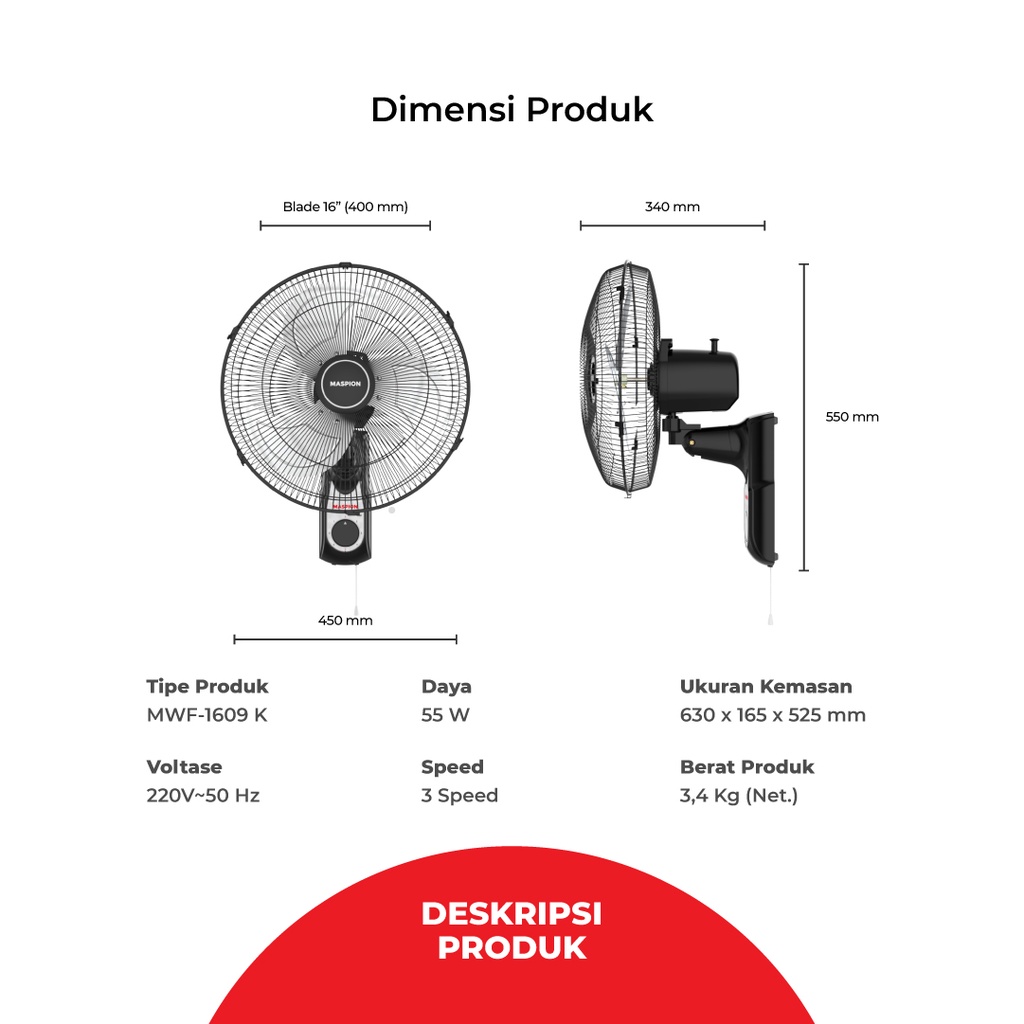 MASPION WALL FAN MWF 1609 K KIPAS ANGIN DINDING 16 INCH