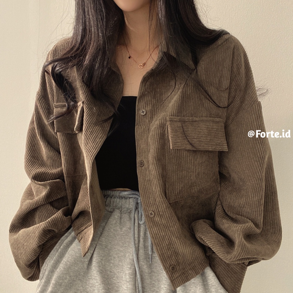 [3 Warna]Jaket Corduroy Wanita Outer Crop Jacket Hitam Korean Retro Style Vintage Pakaian Wanita